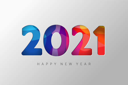 2021 New Year banner. Paper cut numbers with 3d bright colors wavy shapes. Minimal cover design. Template for Christmas flyers, greeting cards, brochures. Vector Xmas illustrationのイラスト素材