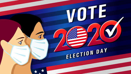 Vote 2020 election day, American flag round emblem. Creative lock down, social distancing banner. USA Presidential election voting badge. US president debate. Isolated abstract graphic design templateのイラスト素材