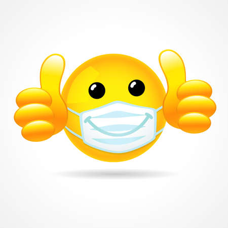 Emoji smile face with protective mouth mask showing thumb up. Yellow emoticon 3D smiling icon in a white surgical mask. Reaction to comment for social distance illustrationのイラスト素材