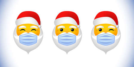 Santa Claus Xmas banner. Winter white background, bright character faces speaking ho-ho-ho. Decorative icon. Isolated abstract graphic design template. Online emoji. Merry Christmas lockdown congrats.のイラスト素材