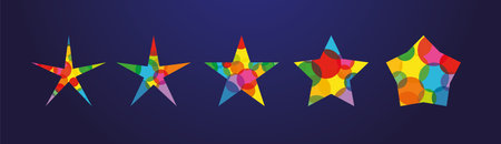 Set of colorful stars. Star shape collection. Creative graphic, white background. Decorative bubbles, colored texture, bright design. Discount badge, frame with empty center. Holiday vector sign.のイラスト素材