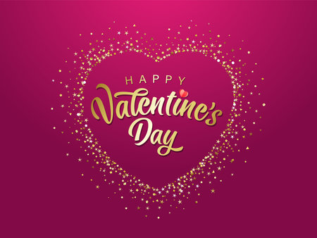 Happy Valentines Day typography in golden sparkling stroke heart with dust glitter graphic on pink background. Decorative glowing dots, shiny texture, creative sale design. Luxury love vector signのイラスト素材