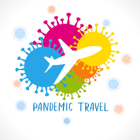 Pandemic travel, concept prevention covid-19 banner. Coronavirus quarantine colored flat web icon of such as hygiene, disinfection, symptoms, treatment, virus. Editable vector illustrationのイラスト素材