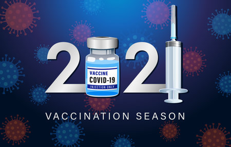 2021 Vaccination season, prevention Covid-19 concept. Coronavirus vaccine bottle, medical syringe and number 2021 banner. Editable vector illustrationのイラスト素材