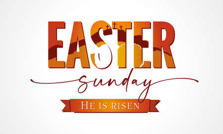 Easter Sunday lettering with Calvary and tomb in text. Easter Sunday, Holy Week banner with three cross and tomb. Vector illustrationのイラスト素材