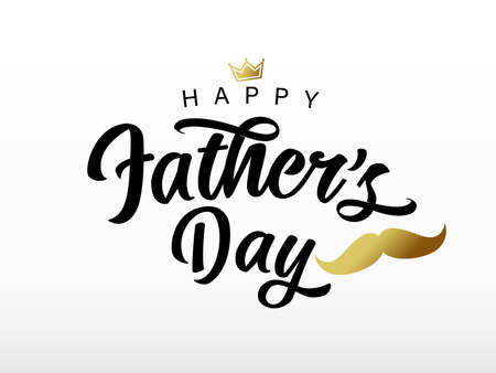 Fathers Day handwritten black lettering with golden mustache and crown. Vector greeting illustration with calligraphy, gold crown and whiskerのイラスト素材