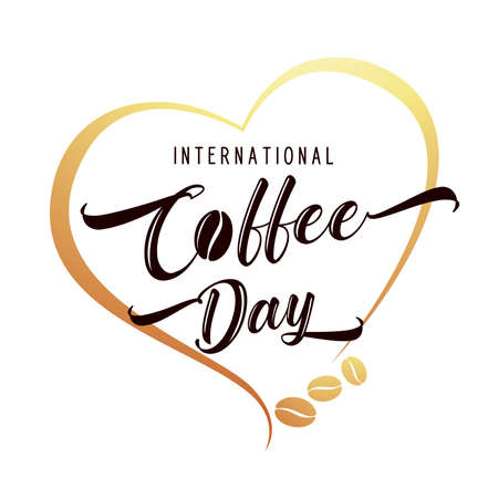 International or national Coffee Day hand lettering in aroma heart shape. Suitable for greeting card, poster and banner, mobile background. Vector illustrationのイラスト素材