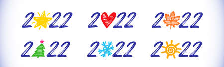 Set of 2022 seasons greetings. A Happy New Year congrats signs. Brushing style logotype concept. Abstract isolated graphic design template. Decorative numbers. Christmas creative colorful collection.のイラスト素材