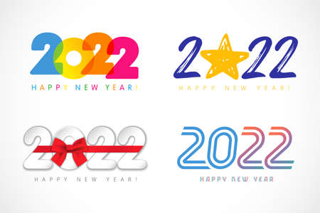 Big Set of 2022 creative logo design colored, star, red bow and line. Happy New Year vector greeting illustration with numbers 20 and 22. Concept digits template graphic designのイラスト素材