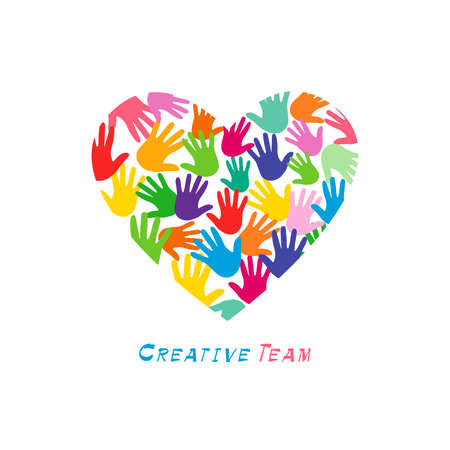Heart logo concept. Lovely creative logotype idea. Colored symbol of friendship. Bright sign of kids arts. Abstract isolated graphic design template. Heart with hand palms inside. White backgroundのイラスト素材