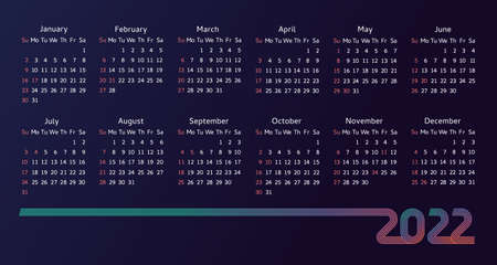 Calendar 2022 creative colored lines design. Vector illustration calendar with week start Sunday corporate planner template on dark blue background for desktop organizerのイラスト素材