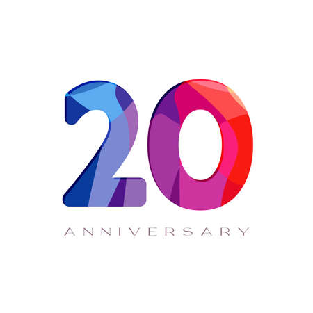 20th anniversary numbers. 20 years old logotype concept. Isolated abstract graphic design template. Creative bright 2 and 0 digits. Stained-glass digits. Up to 20% or -20% percent off discount idea.のイラスト素材