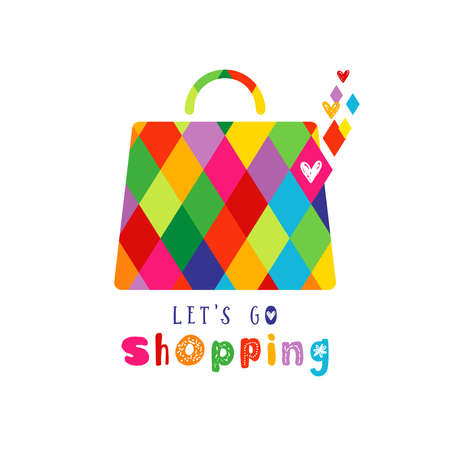 Shopping icon creative concept. Handbag shape with geometric colorful texture in vector mask. Shopping bag logo idea. Bright lettering Let's Go Shopping. Isolated abstract graphic design template.のイラスト素材