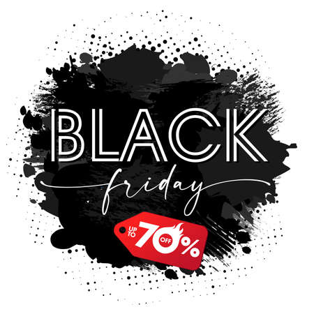 Black Friday, brush and ink grunge banner. Special offer discount up to 70 off, red label for hot sale design. Autumn promotion, vector illustrationのイラスト素材