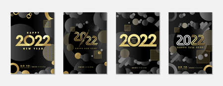 Luxury creative concept of golden 2022 New Year posters set. Elegant cover black background with gold colors geometric shape and logo 2022. Vector Illustration for banner, calendar cover, cardのイラスト素材