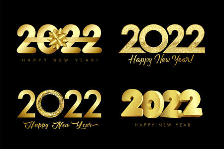 Big Set of 2022 golden design elegant bow, ring, mosaic and 3d numbers on black background. Christmas typography with gold color text for banner, calendar or greeting card. Vector Illustrationのイラスト素材