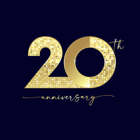 20th anniversary numbers. 20 years old logotype concept. Isolated abstract graphic design template. Luxury shiny 2 and 0 digits. Golden pixel bg with vector mask. Up to 20% off discount, shopping ideaのイラスト素材