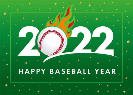 Happy Baseball Year 2022, green web banner. Vector New Year card design for sport team or championship poster. Tournament signs with baseball ball in flameのイラスト素材
