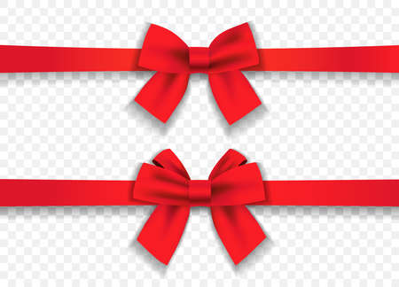 Set of satin decorative red bows with horizontal ribbon isolated on transparent background. Vector red silk bow and red ribbon for valentines or mathers dayのイラスト素材