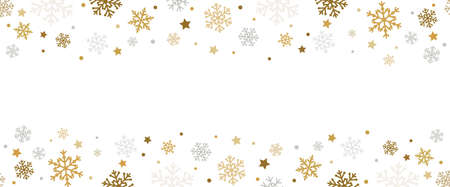 Golden falling snowflakes, stars and confetti. Seamless snow fall banner background. Vector illustrationのイラスト素材