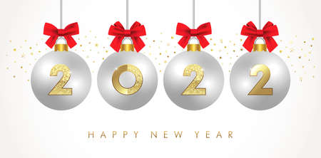 2022 Happy New Year Christmas balls and red bows. Golden metal number in silver glass bauble. Realistic 3d render metallic sign. Celebrate party or Xmas poster decoration, banner, cover card, brochureのイラスト素材