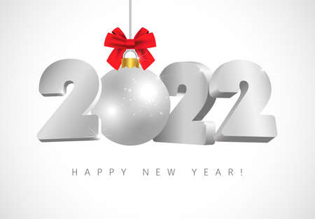 2022 silver 3D new year card with christmas ball. Metal number, glass bauble and red bow. Realistic 3d render metallic numerals. Design for celebrate party or Xmas poster decoration, banner, cardのイラスト素材