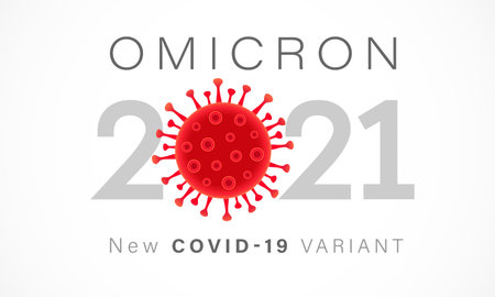 Omicron New COVID-19 VARIANT, 2021 vector banner. Symbol of mutated Coronavirus SARS-CoV-2 (B.1.1.529) typography that detected in South Africa. Gray text Omicron and red virus cellのイラスト素材