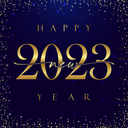 Merry Christmas and A Happy New Year 2023 square golden congrats. Decorative text. Shiny snowy bg....