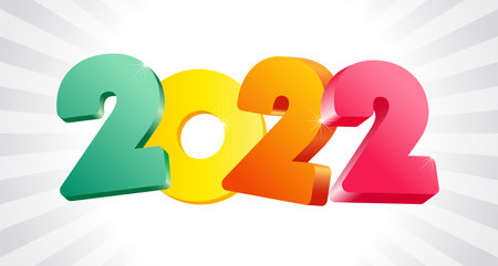 A Happy New Year 2022 colorful icon. Creative 3 D style decoration. Horizontal logotype concept. Web banner idea. White backdrop. Abstract isolated graphic design template. Decorative colored digitsのイラスト素材