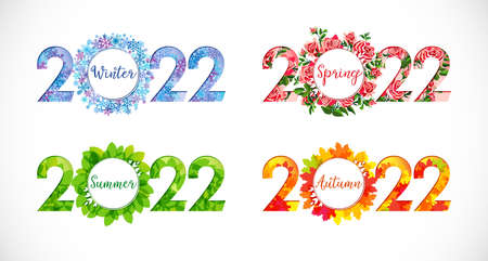 2022 set of icons. Creative seasonal decorations. Horizontal logotype concepts. Web banner idea. Abstract isolated graphic design template. Collection of digits with flowers, leaves and snowflakes.のイラスト素材