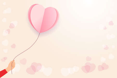 Hand with Valentine origami paper heart balloon flying. Love vector illustration for Valentines day design or wedding party. Wallpaper, flyer, invitation, poster, brochure, banner for saleのイラスト素材