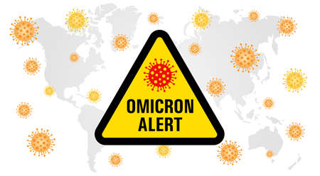 Omicron Alert COVID-19 variant outbreak danger symbol. Outbreak of new B.1.1.529 COVID 19. WHO classified the new virus mutation omicron. Coronavirus design viral microscopic germs on map backgroundのイラスト素材