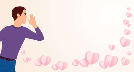 Valentine card with origami hearts and man shouting - I love you. Cute posters, valentines day greetings, heart shape frame, vector illustration of a couple in love. Flyers, invitations, postersのイラスト素材