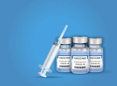 Covid coronavirus vaccine with bottles and syringe. Bottle Covid-19 immunization treatment Omicron or Delta variant on blue background. 3D medical web vector illustrationのイラスト素材