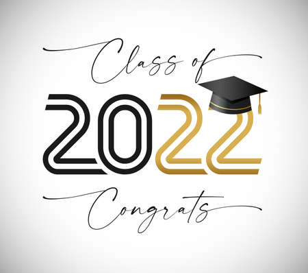 Graduates 2022 class off creative congrats concept. Black and gold lines, white bg. School happy holiday invitation card. Isolated abstract graphic design template. handwriting calligraphy. 3D hat.のイラスト素材