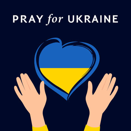 Pray for peace Ukraine, hands and heart. Vector flat illustration on dark blue background concept of Praying, mourning, humanity. no warのイラスト素材