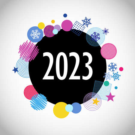 A Happy New Year 2023 modern logotype concept. flat art style. Black color paper ball. Abstract...