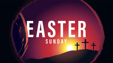 Easter Sunday morning tomb and Calvary with three cross. Holy week poster with typography, crosses and cave with tomb on background. vector illustrationのイラスト素材