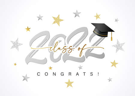 Class of 2022 Congrats, silver logo text design and stars. Graduation lettering with academic cap,...