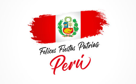 Felices Fiestas Patrias Peru spanish text - Happy National Holiday Peru. Peruvian republic holiday poster, 28 July 1821, lettering and watercolor flag. Independence from Spain vectのイラスト素材