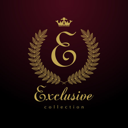 Exclusive collection vintage sign with old slyle letter E. Fashion collection logo concept with round palm wreath. Isolated abstract graphic design template. Luxurious gold iconのイラスト素材