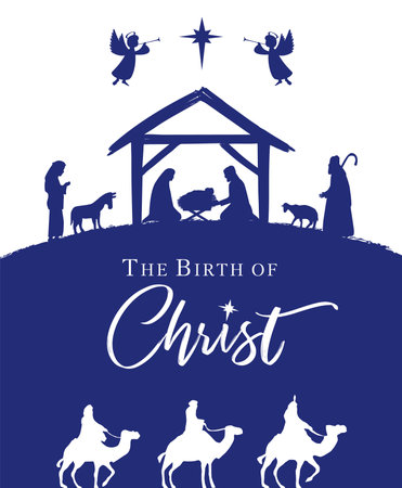 The Birth of Christ, Christmas nativity scene with manger and lettering. Mary, Joseph and baby Jesus in a manger, star of Bethlehem, three Wise men, shepherds, angels. Holy Night vのイラスト素材
