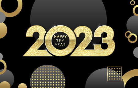 2023 Happy New Year golden mosaic logo. 20 23 luxury Christmas background design for greeting card,...