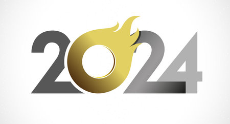 Happy New Year 2024 creative fiery number. Silver and gold color. sign with flames. Calendar title...