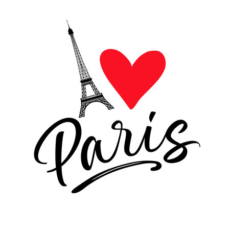 I love Paris, hand drawn lettering and Eiffel Tower. Paris, ink lettering for t-shirt or apparel. Modern vector calligraphy brush lettering. Design element isolated on whiteのイラスト素材