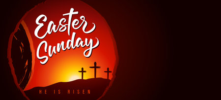Easter Sunday calligraphy banner, tomb and cross on Calvary. Christ our Passover, lettering and rock rolled away from the cave. vector illustrationのイラスト素材