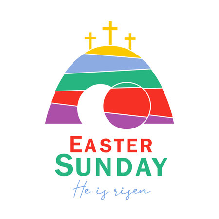 Easter Sunday, card for youth service. Christ our Passover, colored rock rolled away from the tomb and three crosses on Calvary. vector illustrationのイラスト素材