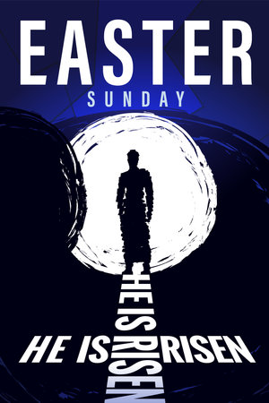 He is risen, Jesus Christ silhouette in open tomb. Easter Sunday or Good Friday concept for poster or banner design. Christ our Passover, tomb and resurrection Jesus. vector illustrationのイラスト素材