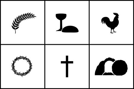 Easter christian holiday icons set in silhouettes. Palm, wine bowl and bread, cock, crown of thorns, cross and open tomb. Good Friday symbols on a white background. vector illustrationのイラスト素材