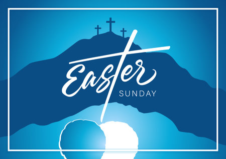Easter Sunday, Holy week - calligraphy poster. Celebrate the resurrection, poster template with Calvary, crosses and open tomb. He is risen, christian design. vector illustrationのイラスト素材